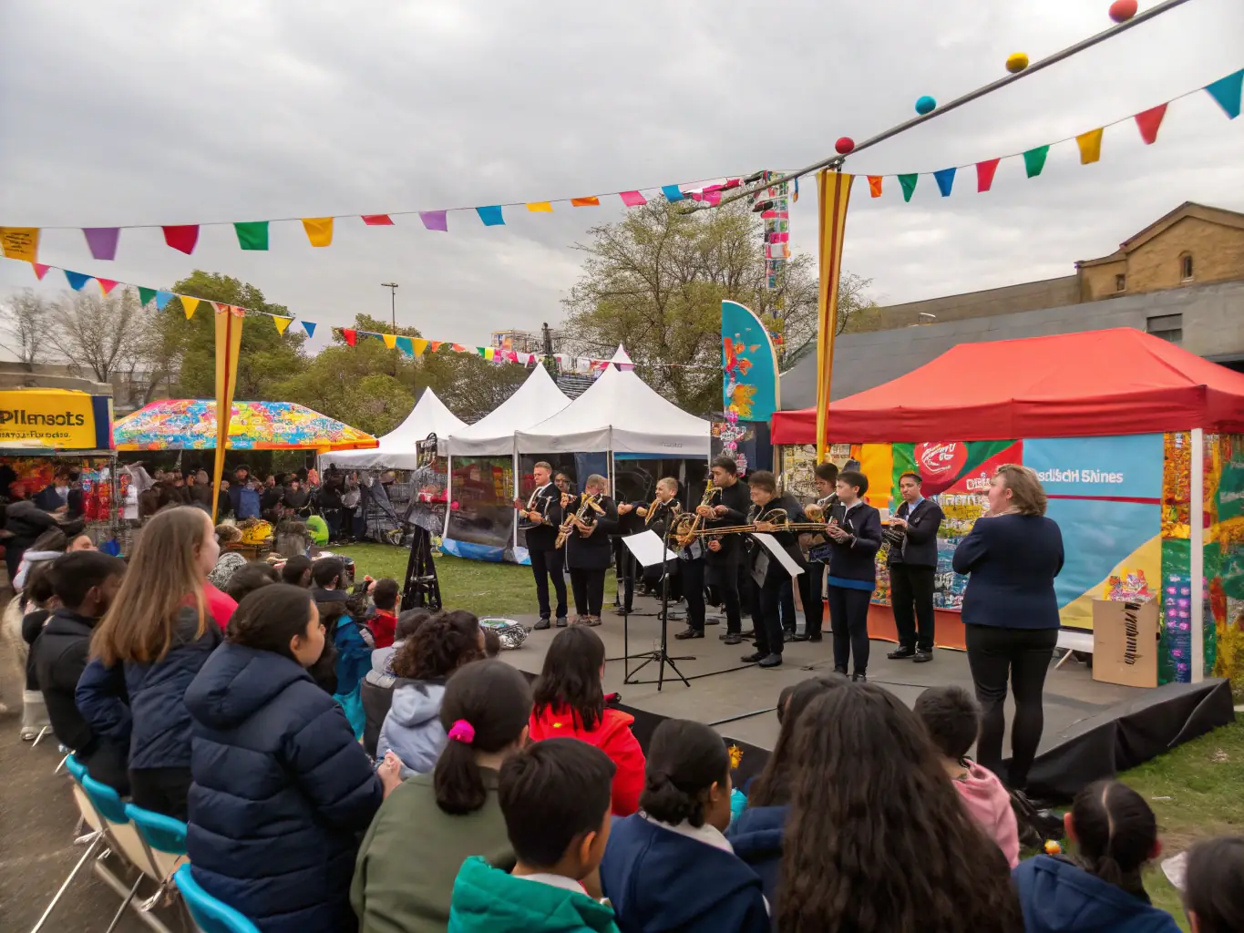 A vibrant photo of a community music festival organized by DIMANCHE PROD., featuring diverse performers and enthusiastic attendees.