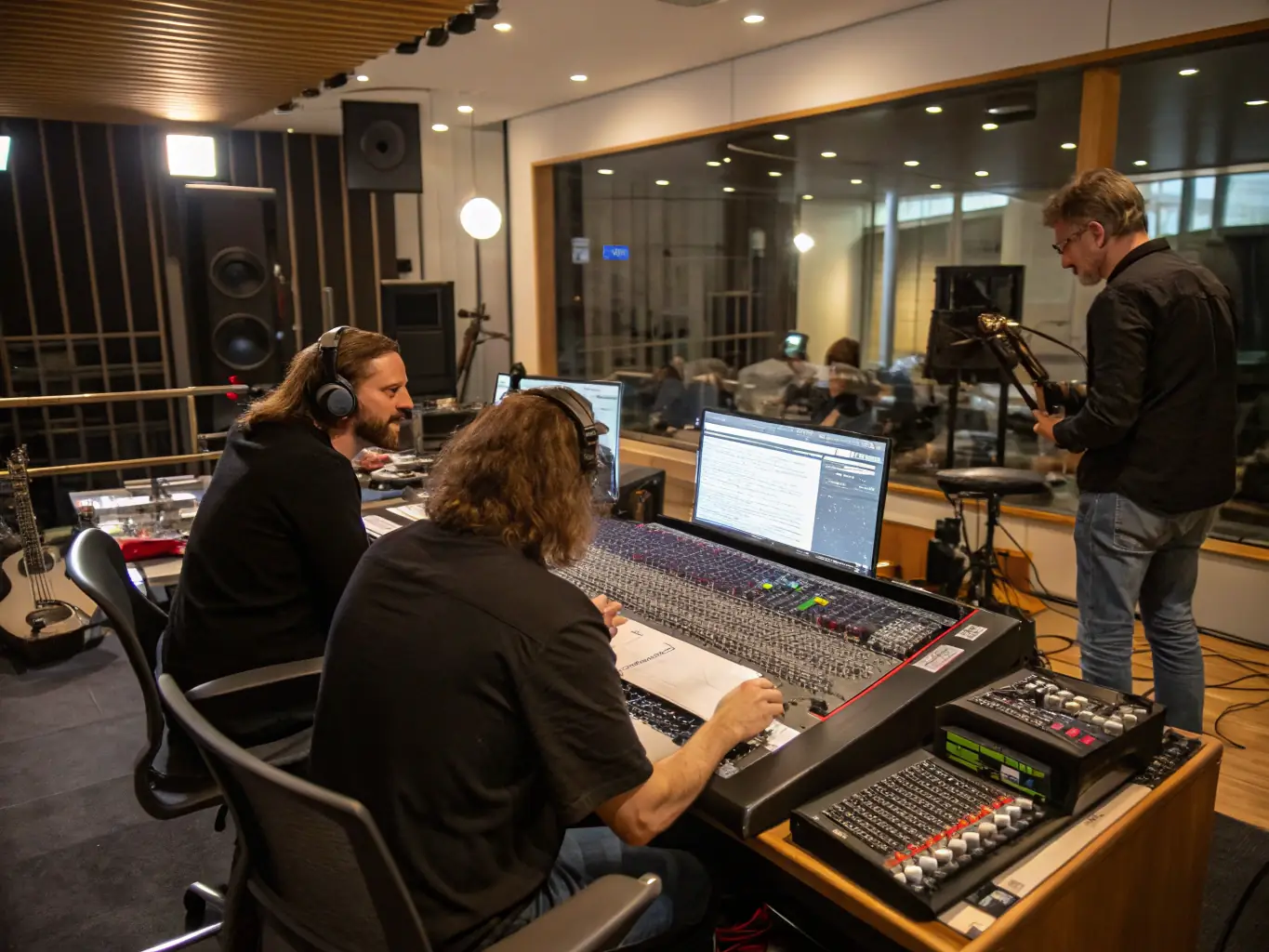 A collaborative music project supported by DIMANCHE PROD., featuring diverse artists working together in a recording studio to create innovative music.
