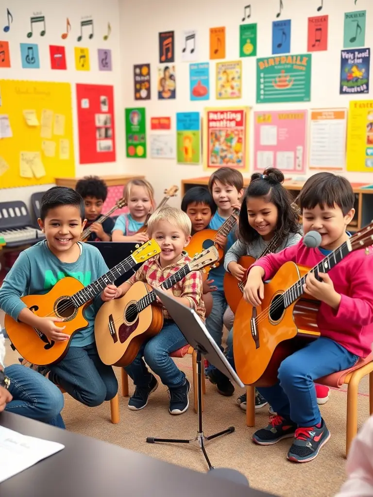A vibrant photograph capturing a live music workshop organized by DIMANCHE PROD., showcasing participants actively engaged in learning and creating music.