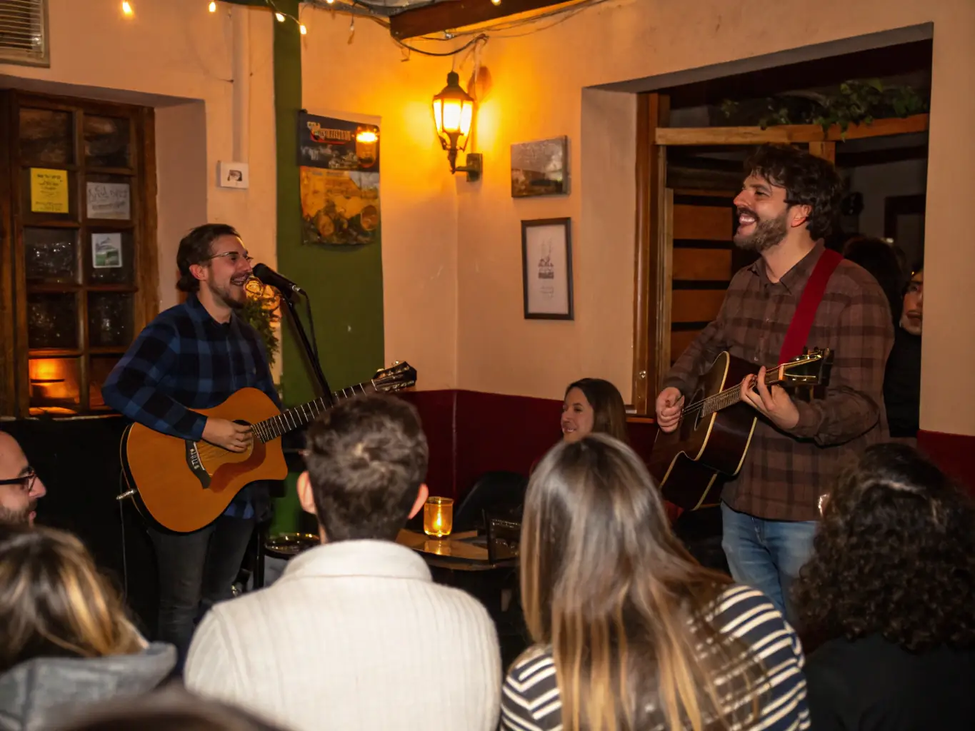 A photograph capturing a live music performance in a local community center, highlighting the platform DIMANCHE PROD. provides for emerging artists.