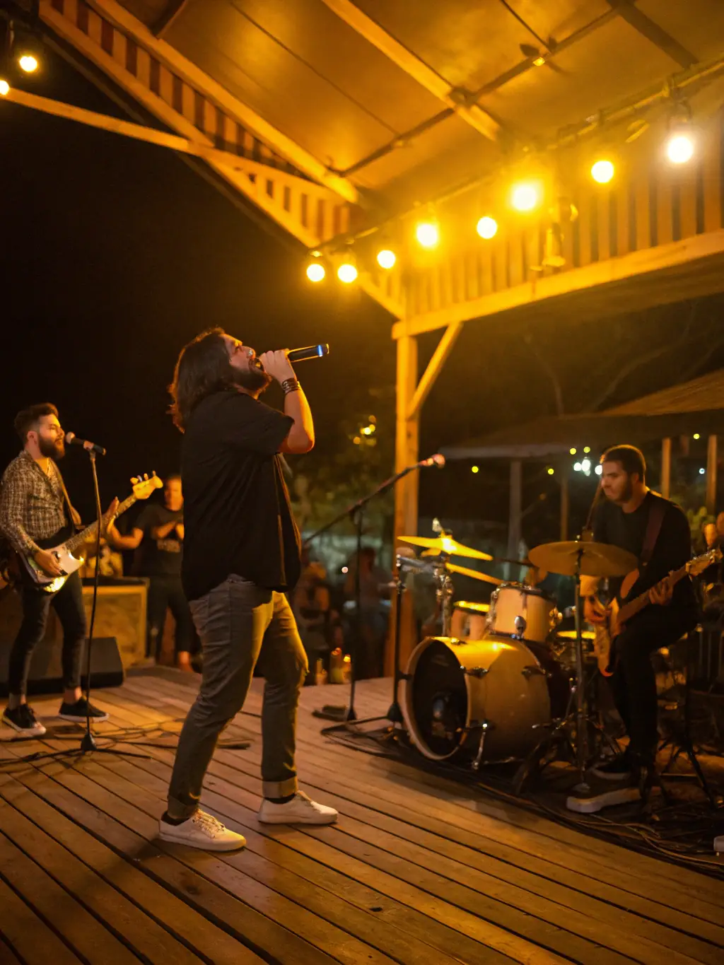 A dynamic image of a DIMANCHE PROD.-supported band performing live on stage, radiating energy and passion to an enthusiastic audience.