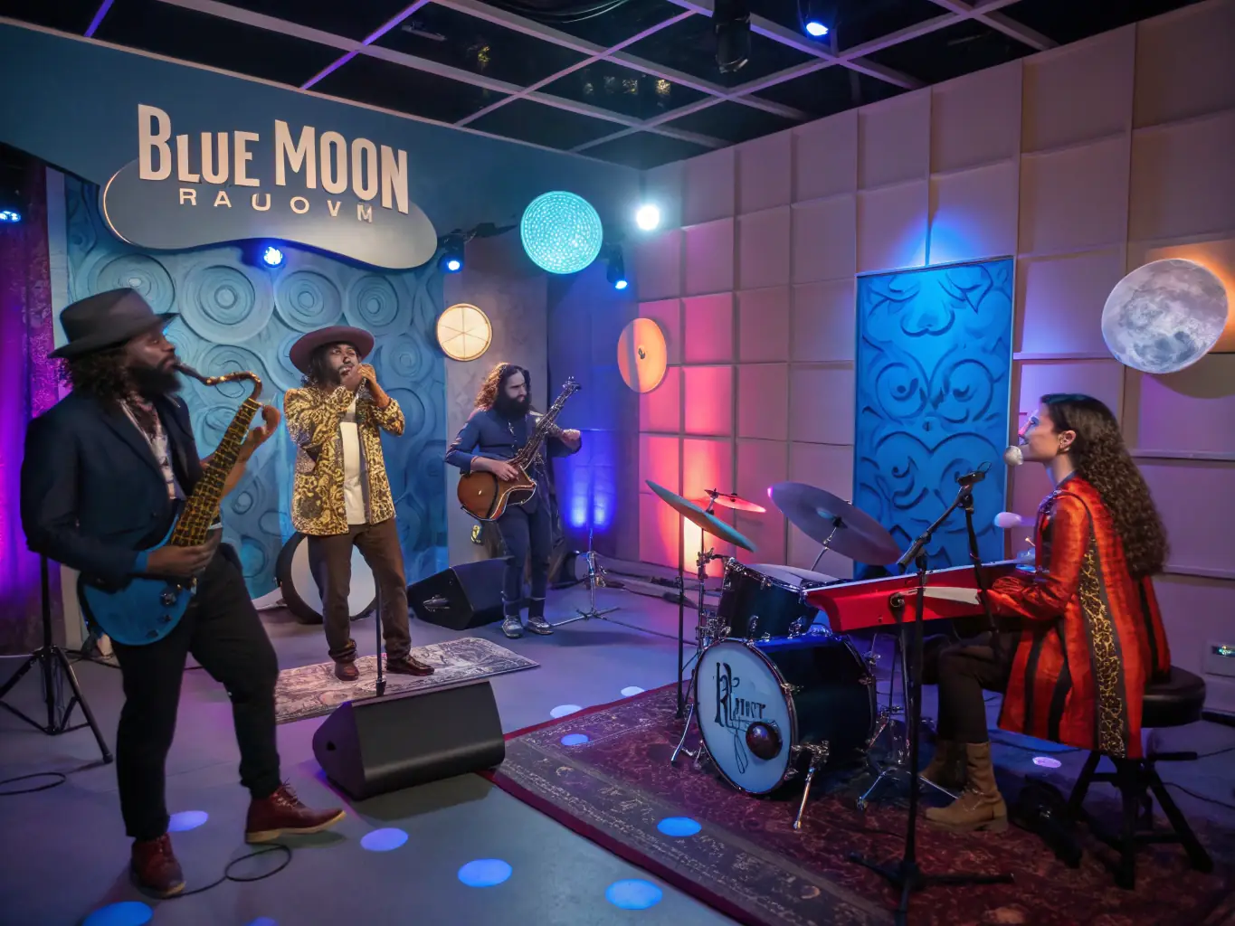 An image of a diverse group of musicians collaborating in a vibrant community music workshop, showcasing the energy and inclusivity of DIMANCHE PROD.'s programs.