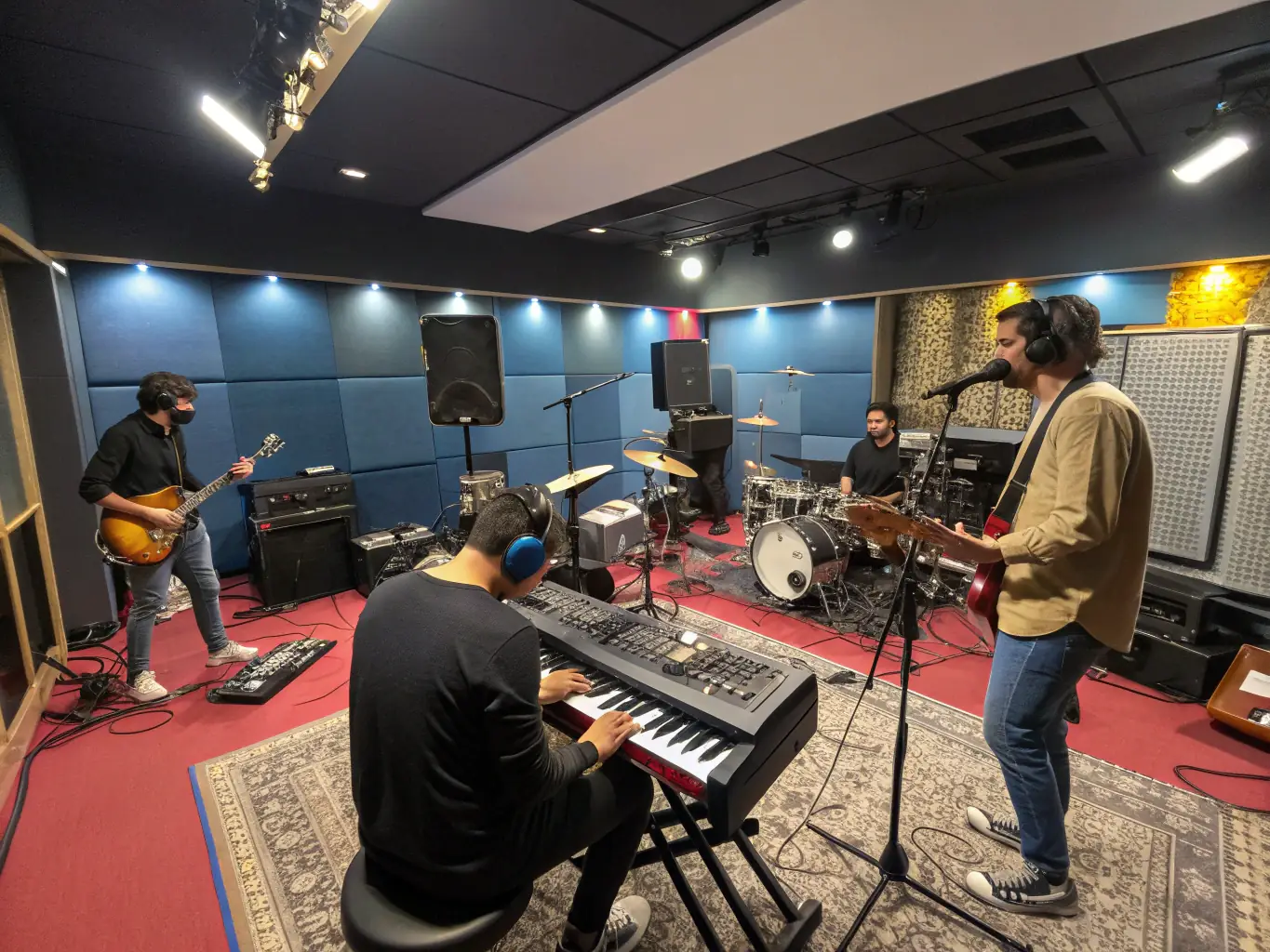An image of a diverse group of musicians collaborating in a recording studio, showcasing DIMANCHE PROD.'s support for music production and artistic collaboration.