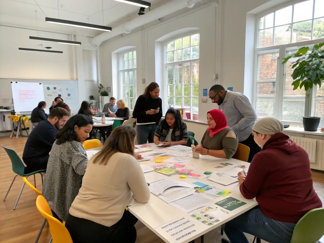 A photo of a music workshop facilitated by DIMANCHE PROD., showing participants actively engaged in learning new musical skills and techniques.