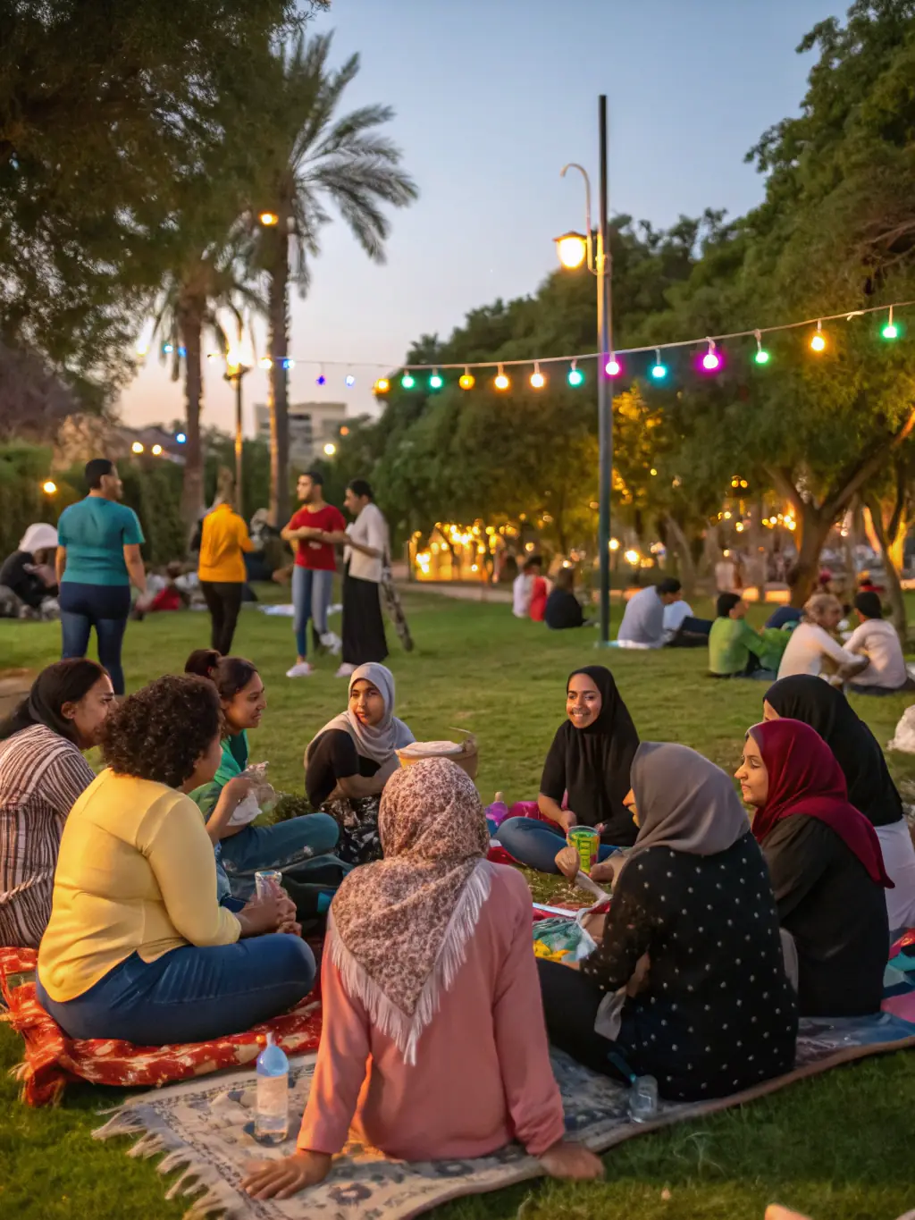 A heartwarming picture of a community music event organized by DIMANCHE PROD., featuring diverse participants enjoying music together in a public space.