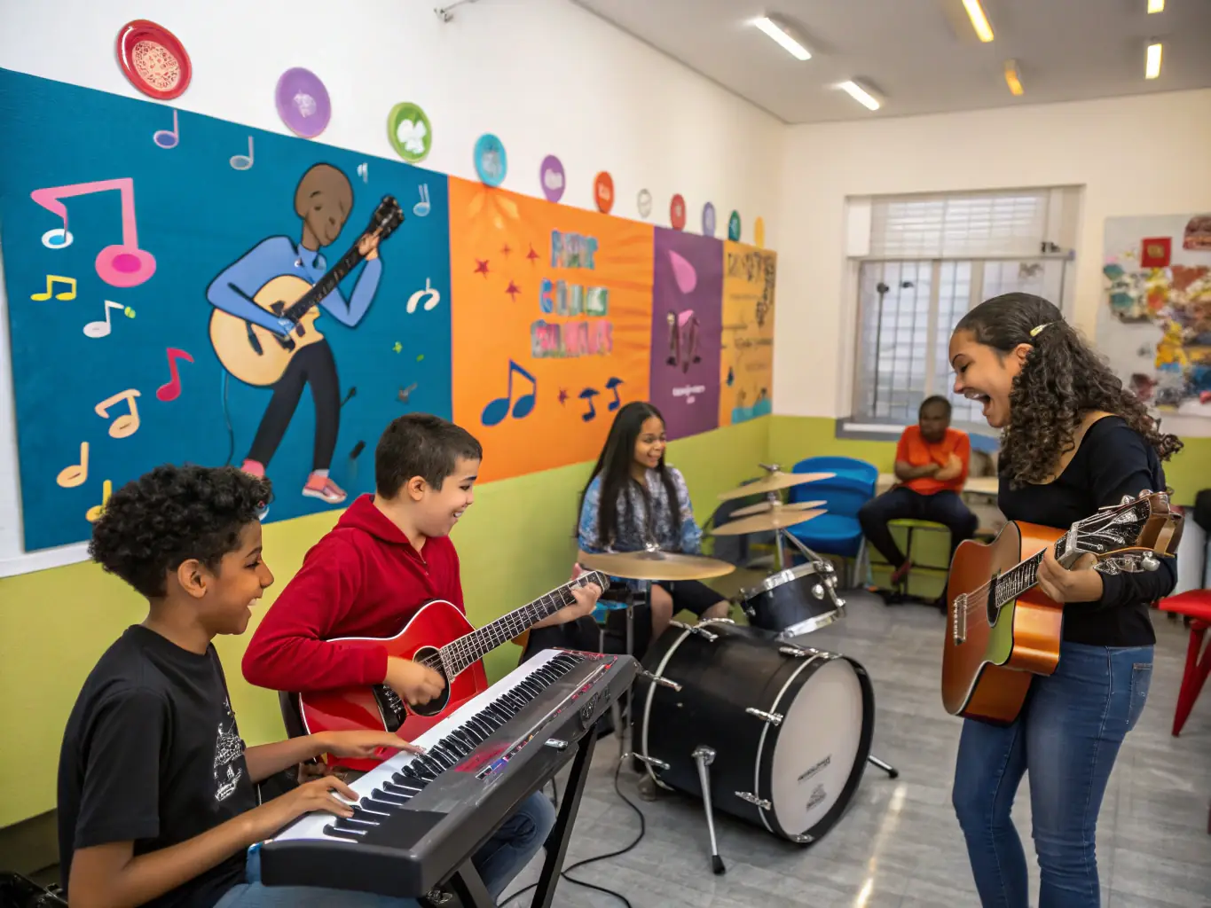 A photo of a music workshop for young people, demonstrating DIMANCHE PROD.'s commitment to music education and youth development.