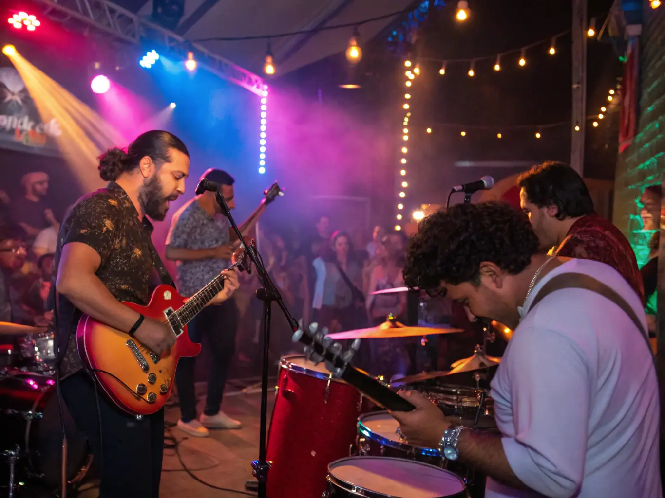 A vibrant photograph capturing a live music performance supported by DIMANCHE PROD., showcasing musicians on stage with an enthusiastic audience in a community setting.